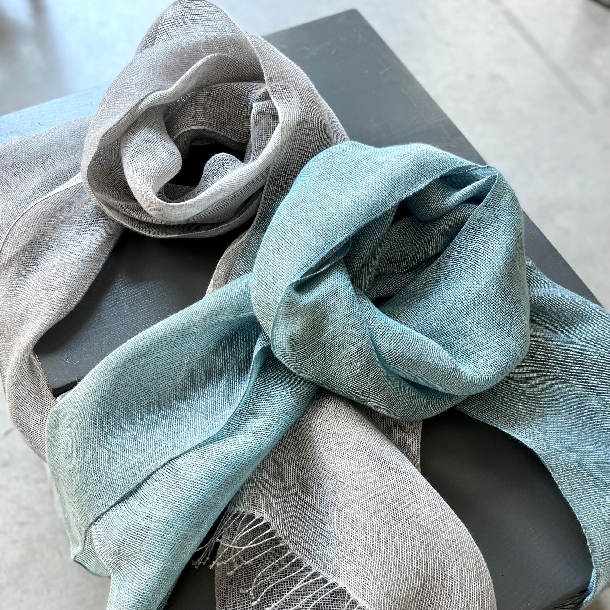Double layered linen summer scarf in blue or gray 50x200cm