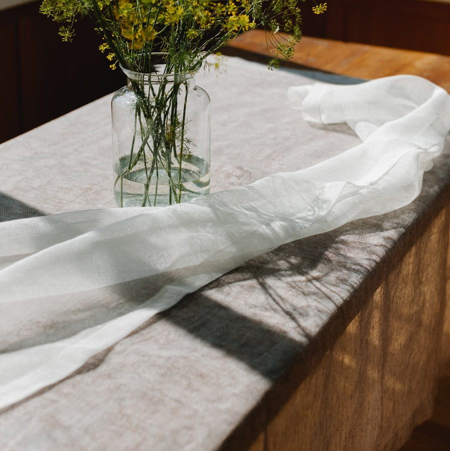 Sheer linen table runner in white 50x170 cm