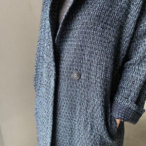 Oversized hand woven boucle linen coat in blue and black