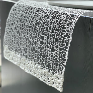 Linen table runner "Lace" 35x275/ 40x275 cm in white and grey color