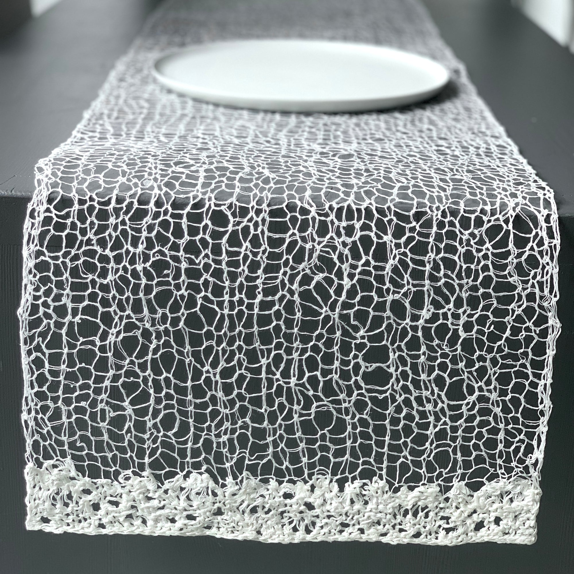 Linen table runner "Lace" 35x275/ 40x275 cm in white and grey color